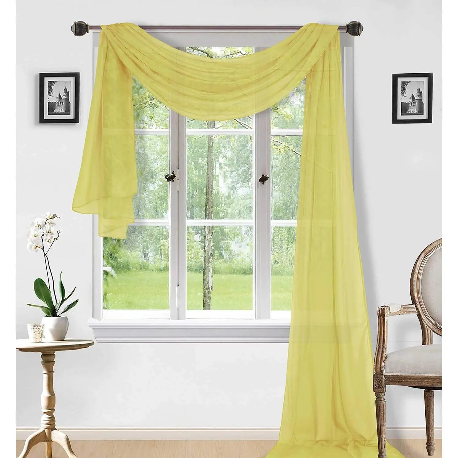 Window Scarf Valance Curtains - Extra Long Sheer Valances for Windows - Voile Swag Curtains for Living Room, Kitchen, and Bedroom Decor, Weddings, Events - 54" x 216" - 1 count - Yellow