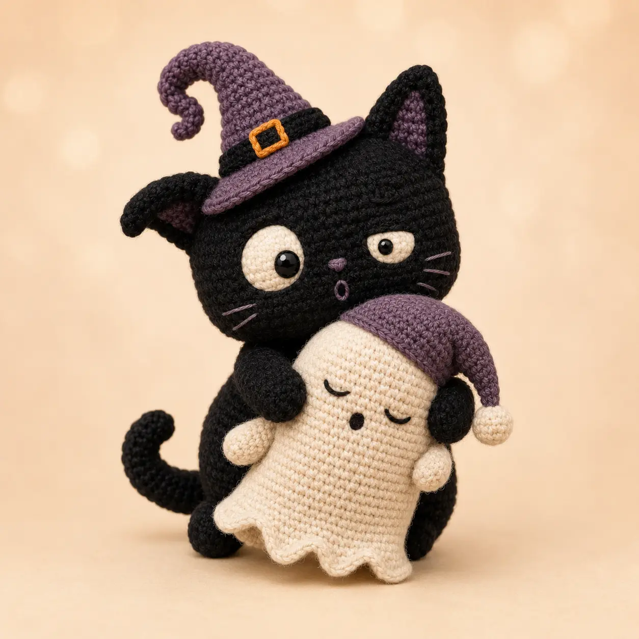 Black Cat Witch and Sleepy Ghost Crochet Doll, Handmade Halloween Amigurumi, Cute Spooky Home Decor and Gift