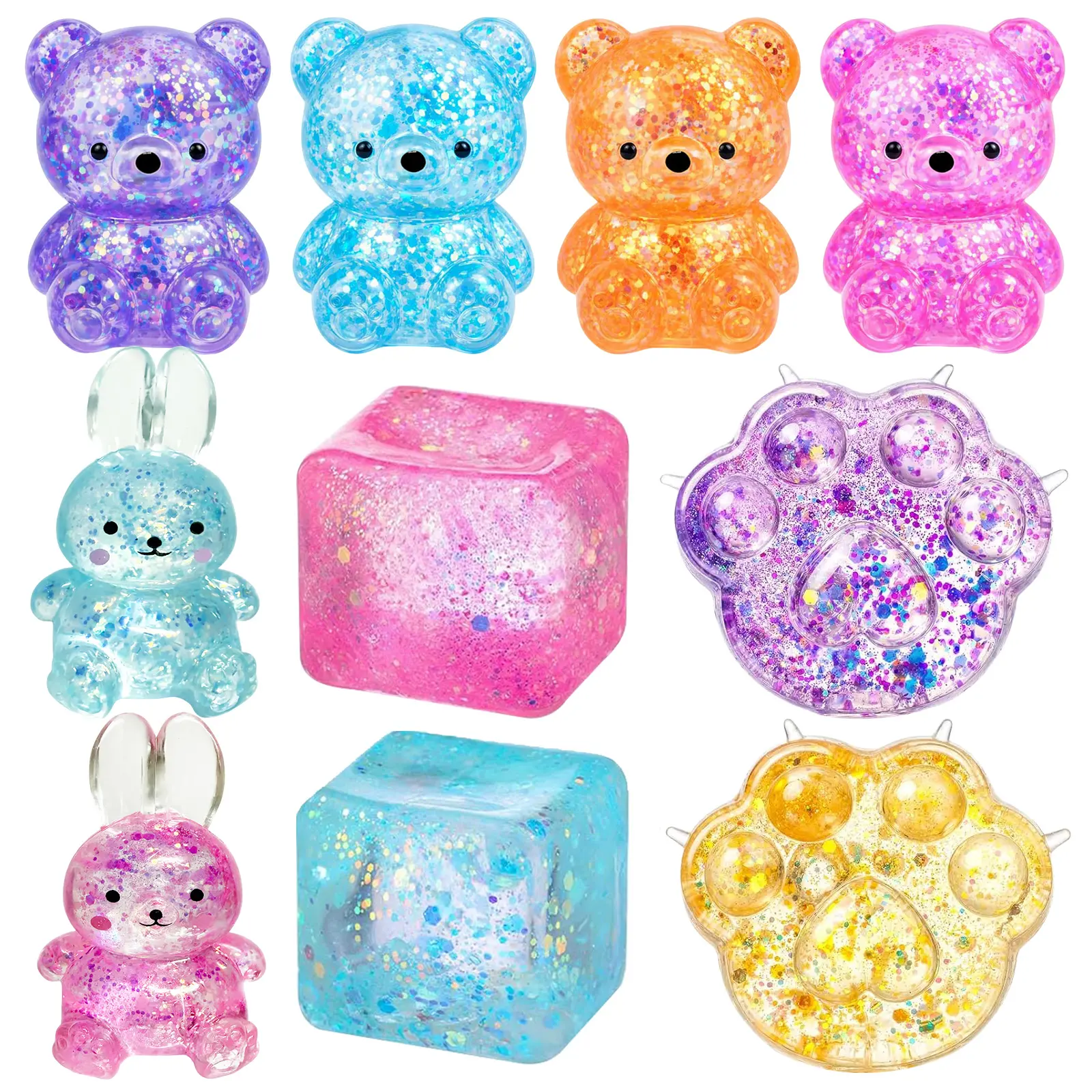 Squishy Stress Bear Glitter Squeeze Toy Stress Balls Sensory Fidget Toys for Adults Kids Stress Relief Party Favors Birthday Gifts