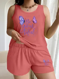 【Plus Size】cute summer outfits，Women's Casual Oversized Two-Piece Set, Round Neck Sleeveless Vest & Shorts, Butterfly Letter Print, Comfortable Fashion Knit