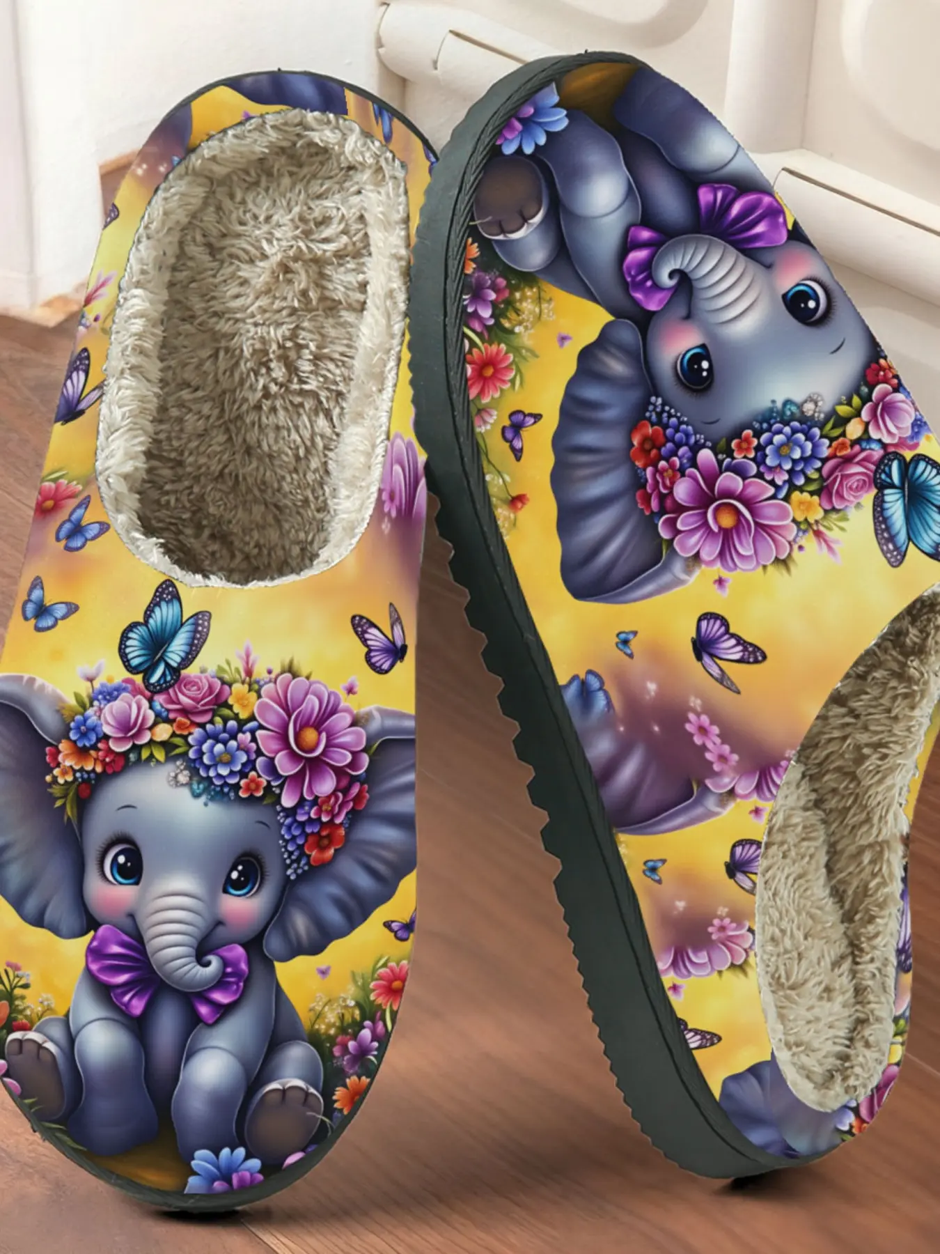Cute Elephant Printed Cotton Slippers, Warm Fairy Tale Style, Fuzzy Lined Anti-Slip Thick Sole, Home Use Men Women Autumn Winter