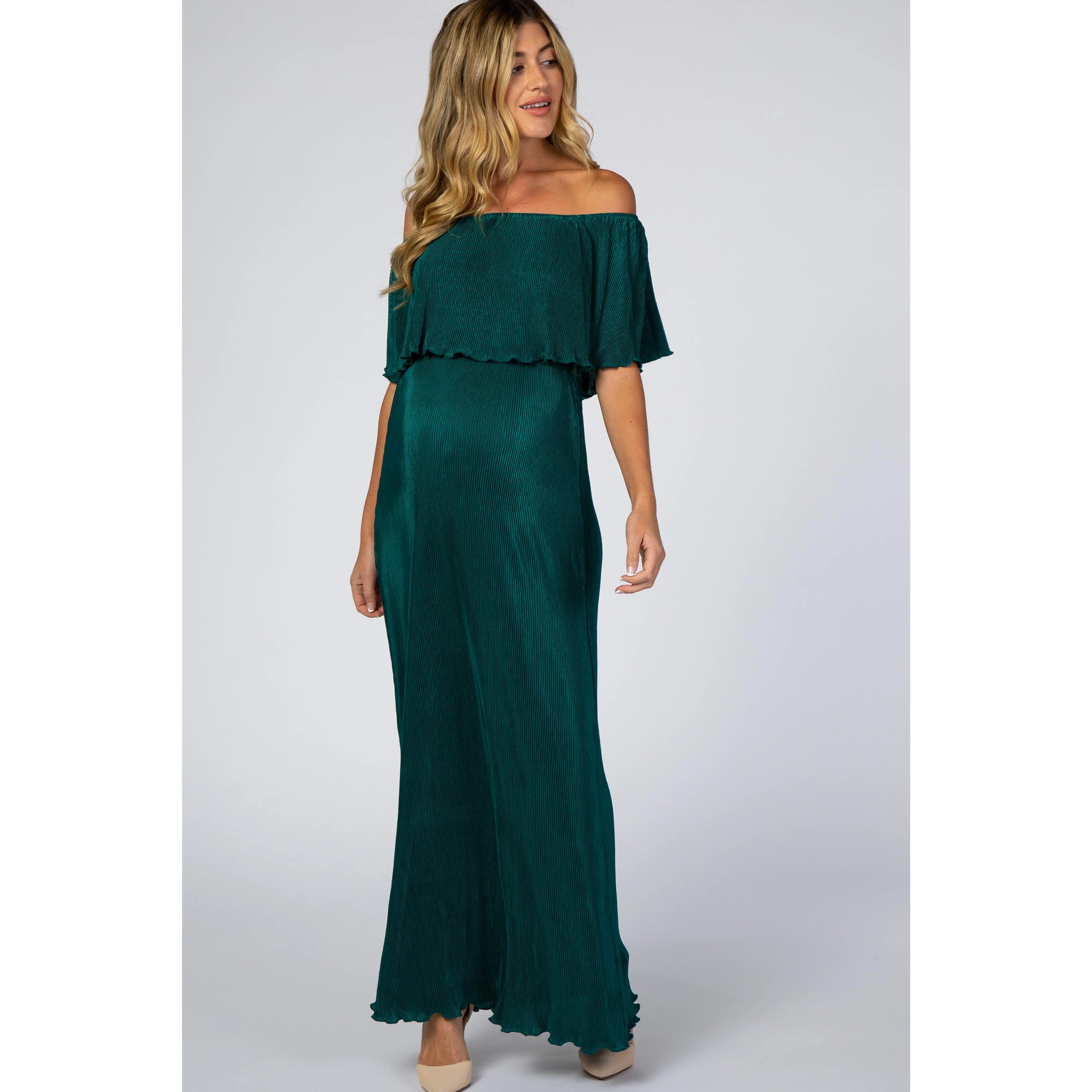Forest Green Pleated Ruffle Off Shoulder Maternity Maxi Dress - TikTok Shop Forest Green Pleated Ruffle Off Shoulder Maternity Maxi Dress - TikTok Shop
