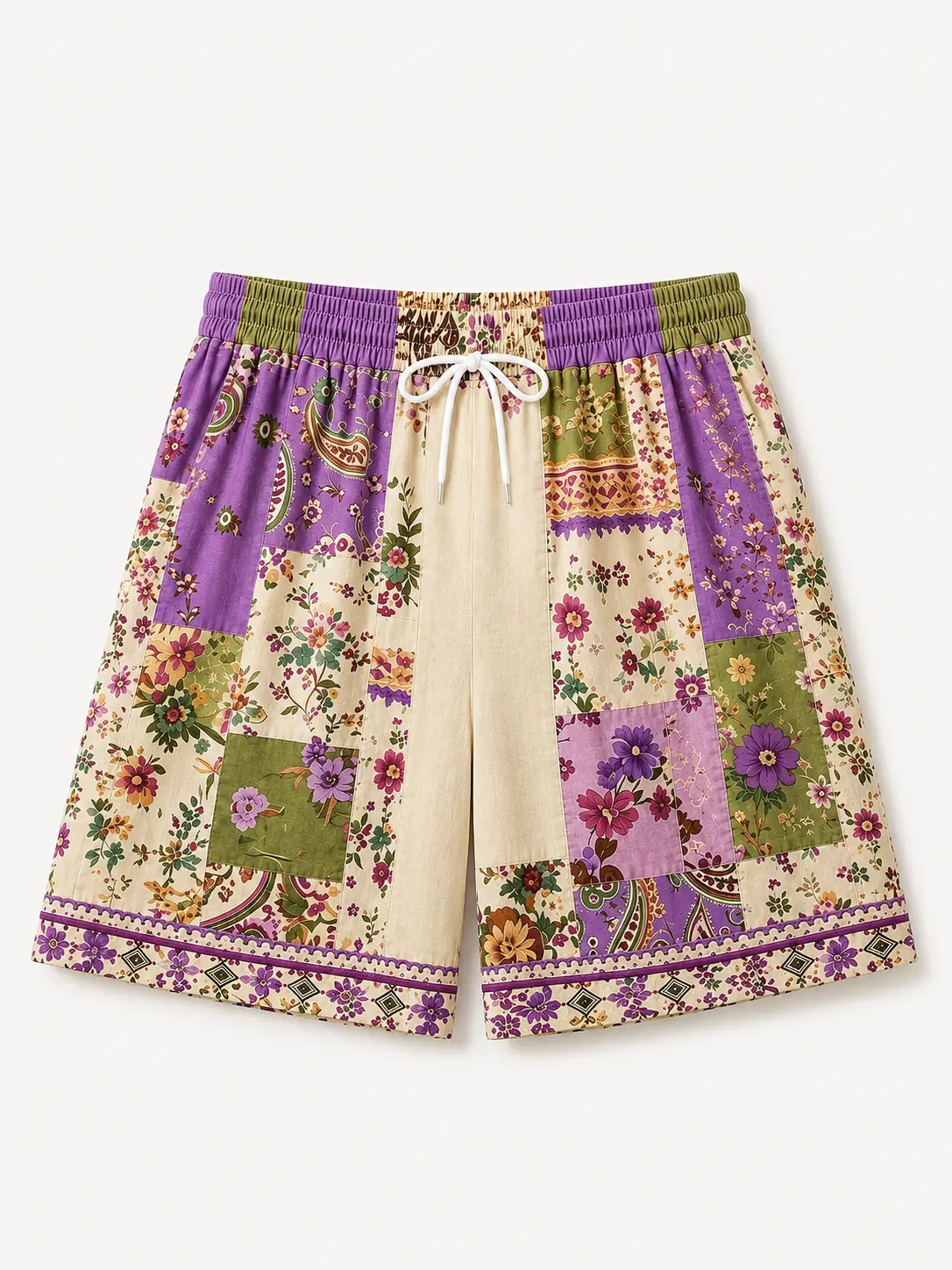 Men’s Patchwork Floral Shorts, Drawstring Summer Beach Shorts, Boho Paisley Vacation Shorts for Resort Wear, Festival Outfit and Summer Fits