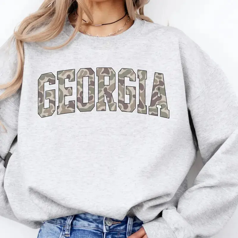 Camo State Sweatshirt Duck Camo State College Varsity Name Pullover Camouflage Sweatshirts Collage TExas Georgia Ohio Florida Alabama Arkansas North Carolina South