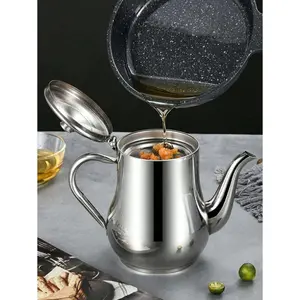 Stainless Steel Oil Pot with Filter for Liquid Seasoning Storage - Silver Color, Dishwasher & Microwave Safe, Press-Open Cover Design, Ideal for Kitchen Use