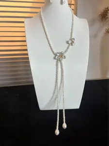 Ne07 4-5mm Elegant freshwater Pearl Lariat Necklace with Flower Handmade  Charm Long Necklace for Women