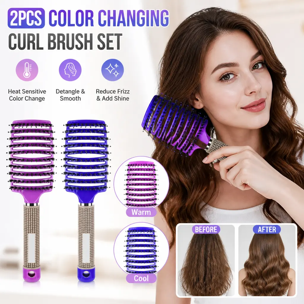 Girls' 2-Pcs Anti-Tangle Detangler Hairbrush Set with Natural Pig Bristles - One Size, All Hair Types, Pain-Free Detangling, Less Pulling & Breakage, Gentle Scalp Massage, Ideal for Daily Use