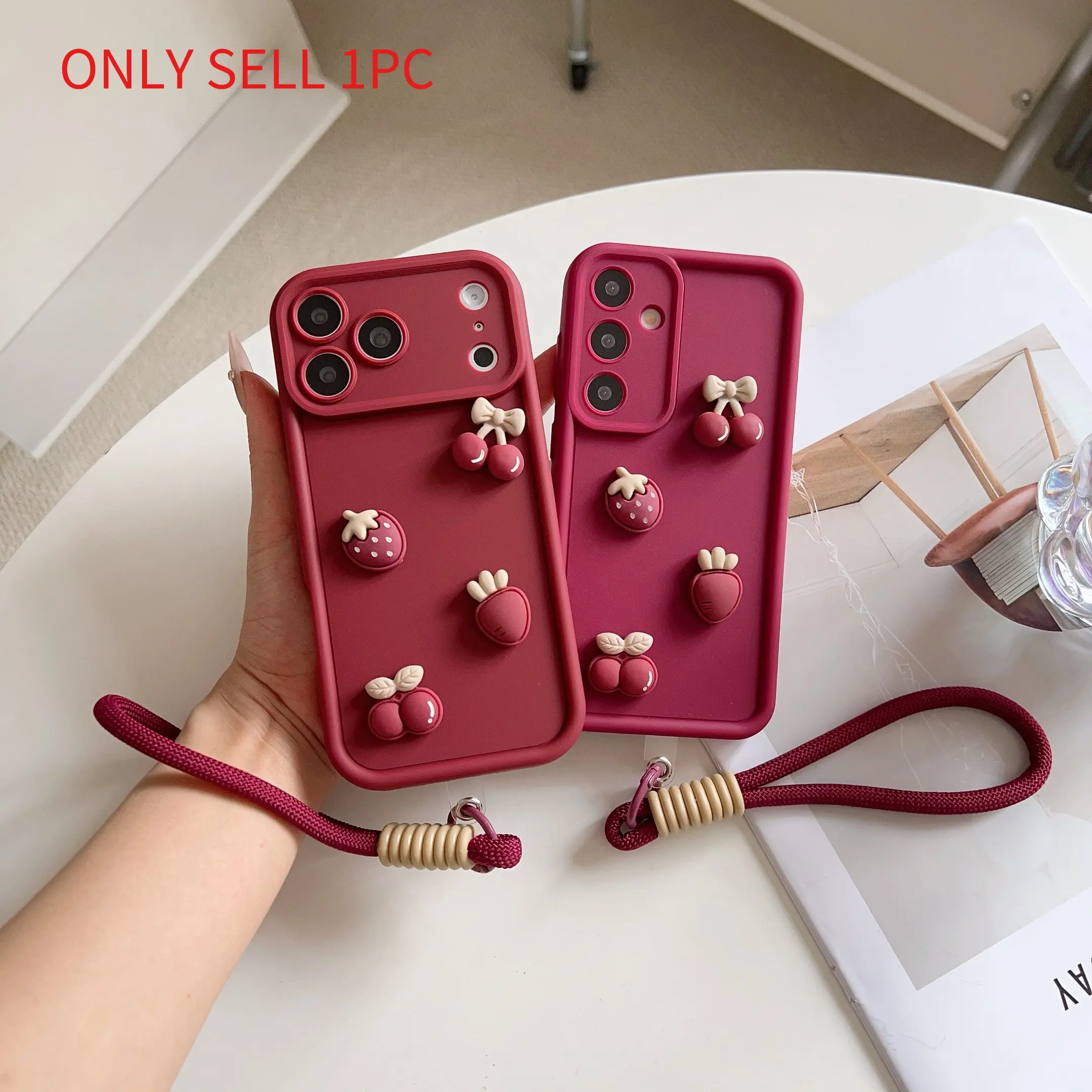 Suitable for OPPO Reno series Reno 3/4/5/6/7/8/9/10/11/12/13/14/15, Pro, Plus, Lite, F, and other models, wine red strawberry cherry accessories+braided lanyard phone case, equipped with detachable lanyard, phone case with lanyard