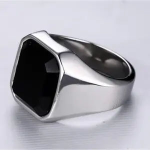 Stainless Steel Black Onyx Ring Steel Color Men's Ring Wholesale, Black Onyx Ring, Men's Ring square men engagement proposal