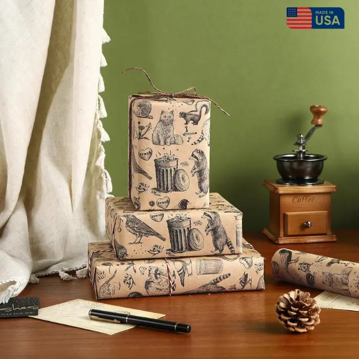 Kraft Animal Wrapping Paper, Vintage Funny Trash Friends Opossum Rat Crow Cat Skunk Mouse Design Perfect for Birthday, Party, Holiday, Christmas Gift for Him, Gift For Her
