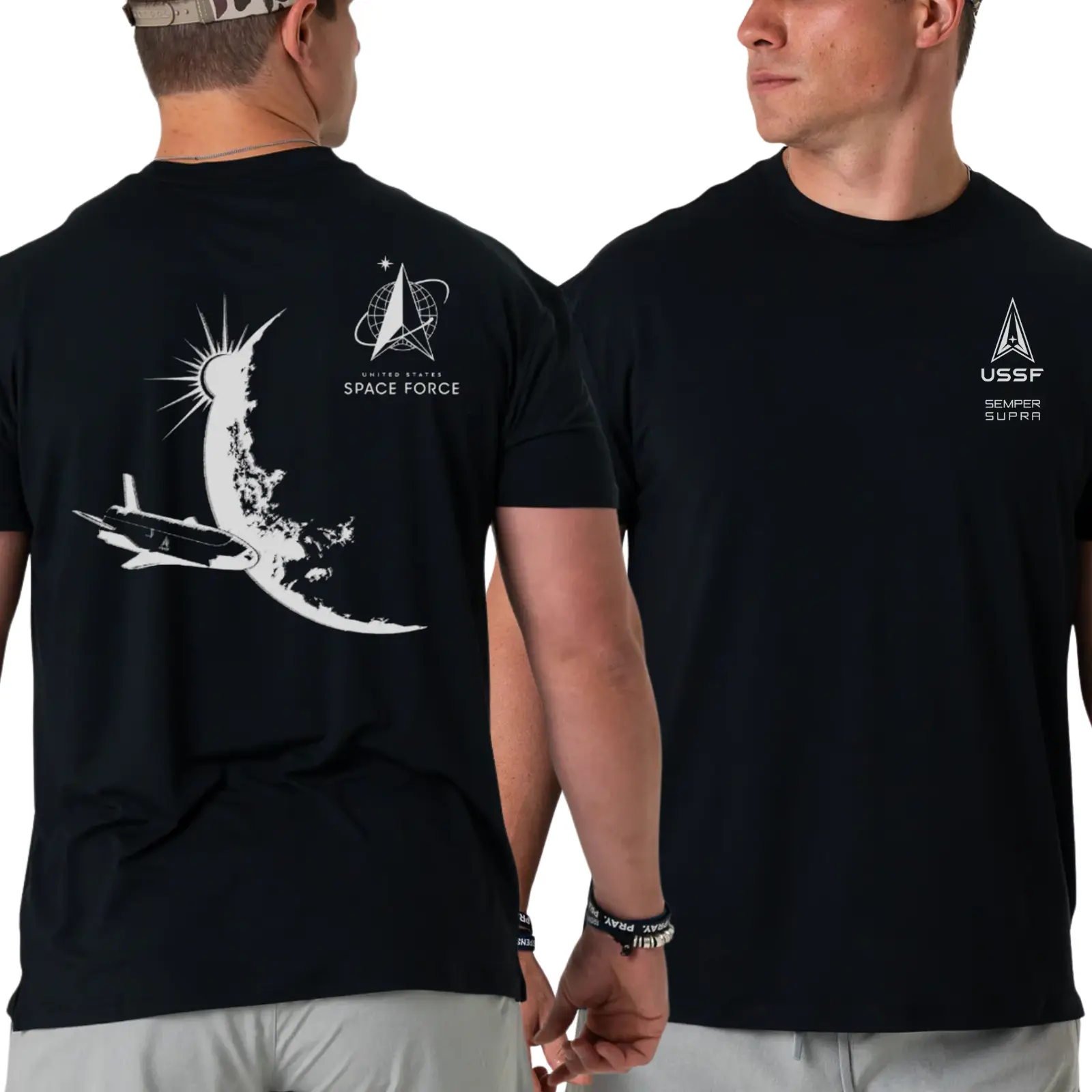 U.S. Space Force T-Shirt, Semper Supra Logo with Space Shuttle and Moon Sun Design 2 Sides, Patriotic Military Pride Graphic Tee for Men & Women, Streetwear, Vacation Outfits, Graphic Tee