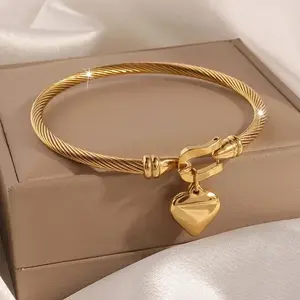 Gold Color Stainless Steel Heart Pendant Charm Bangle Bracelets for Men Women