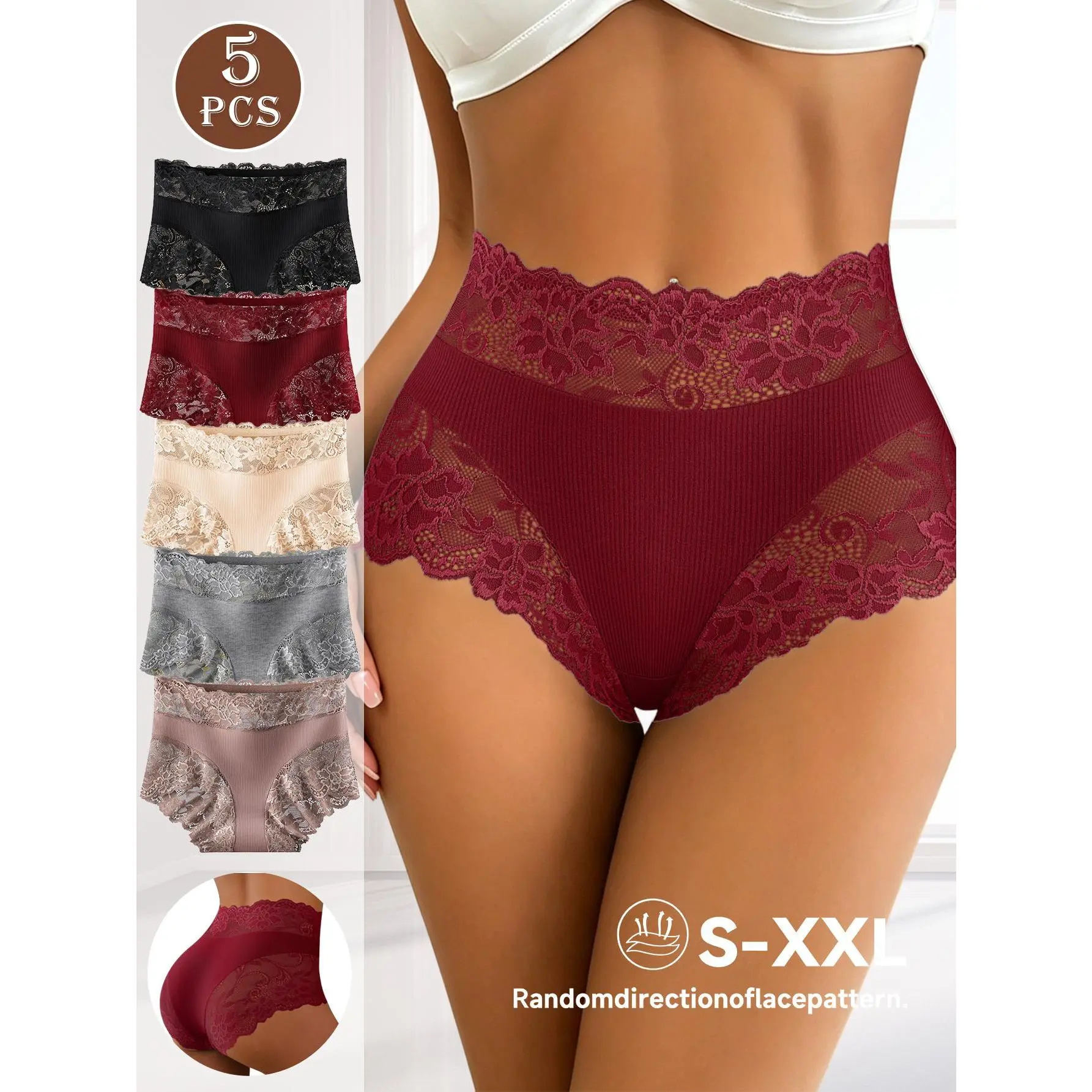 QUASTI Lady's 5PCS Elegant High-Waist Lace Patchwork Briefs, Smooth Soft Breathable Fabric, Full Coverage Seamless No-Show Underwear, Perfect for Daily Wear (S-XXL, Black Basic)