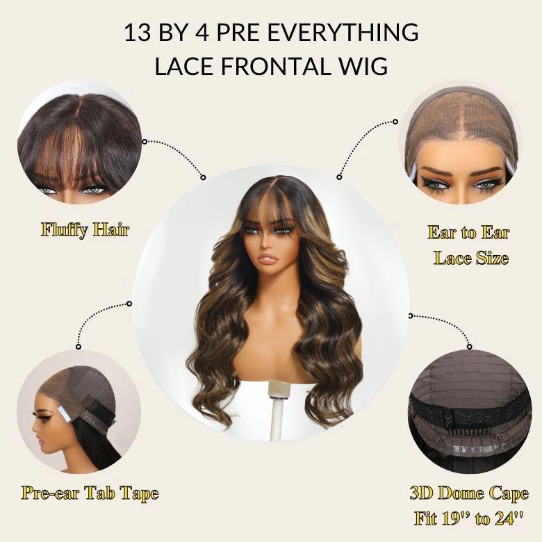 【NEW IN】UNice Pre-Everything Balayage Highlight Fluffy Loose Wave Curtain Bangs Wig   Glueless 13x4 Lace Frontal Human Hair Wigs with Upgraded Drawstring