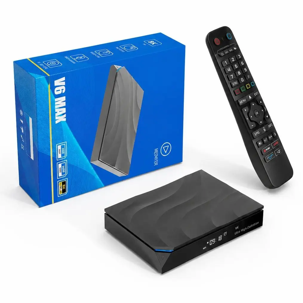 V6 series TV box for home use, equipped with a wireless remote control.