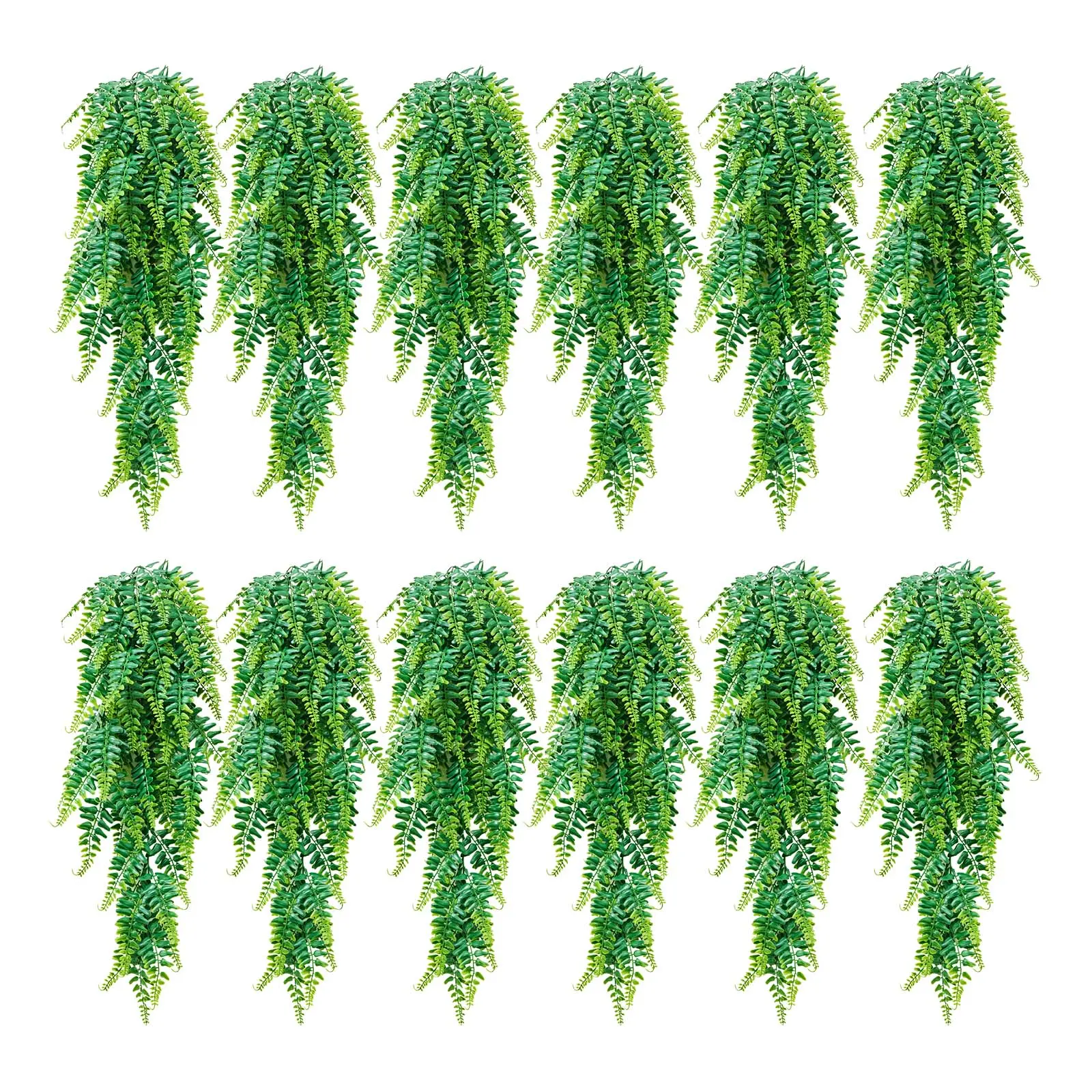 VEVOR Artificial Ferns, 12 Pcs Fake Hanging Boston Fern Bush Plant with 32 Inch Hanging Length, Plastic Faux Greenery for Indoor/Outdoor Decor, For Wall, Wedding Party, Home, Porch Garden, No Basket#BackToSchool