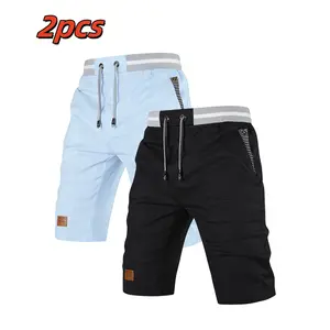 Men’s summer casual bermuda shorts, 2-pack — striped pockets, leather patch decoration, breathable and comfortable, adjustable drawstring, suitable for outdoor activities and everyday wear sport solid color work short loose fit lightweight men waist short