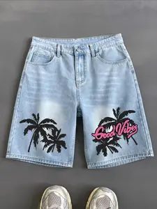 Men's Colorblock & Letter Print Denim Shorts, Loose Casual Fashion Comfy Shorts for Summer, Men's Bottoms for Daily Wear, Casual Fashionable Shorts, Denim Bermuda Shorts