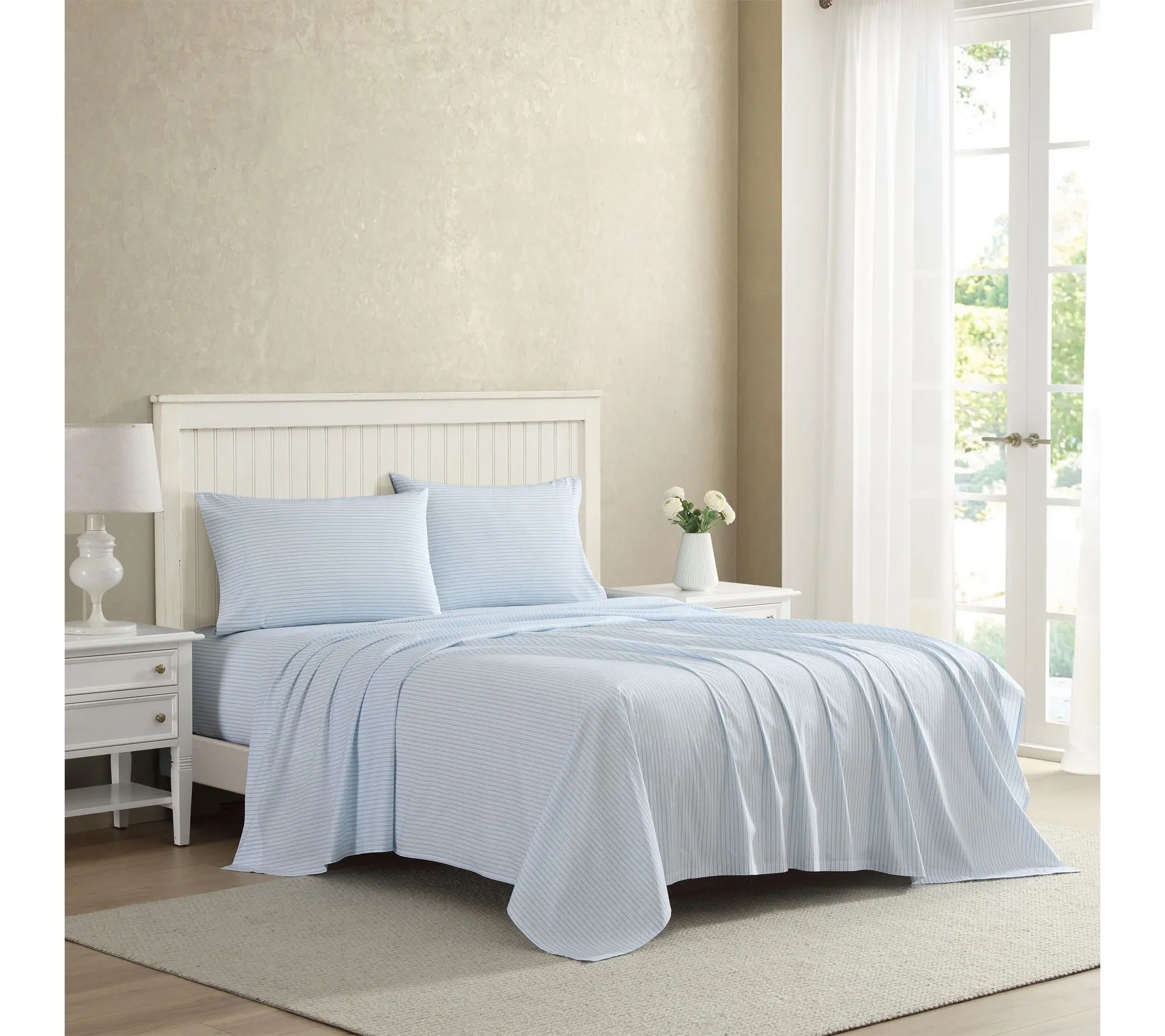 Laura Ashley Bedford Stripe Blue Cotton Twin Sheet Set