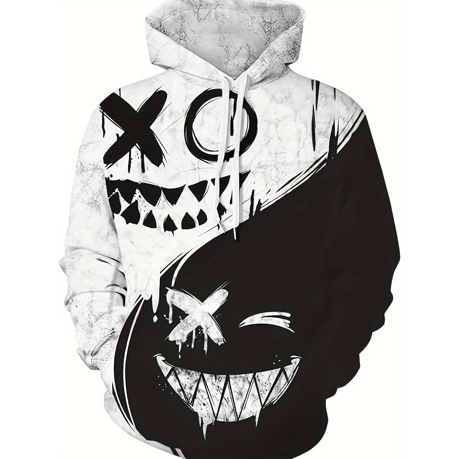 [Face Print Hoodie With Pocket] Creative Smile Face Pattern Print Hoodie, Cool Hoodies For Men, Men's Casual Graphic Design Pullover Hooded Sweatshirt With Kangaroo Pocket Streetwear For Winter Fall, As Gifts