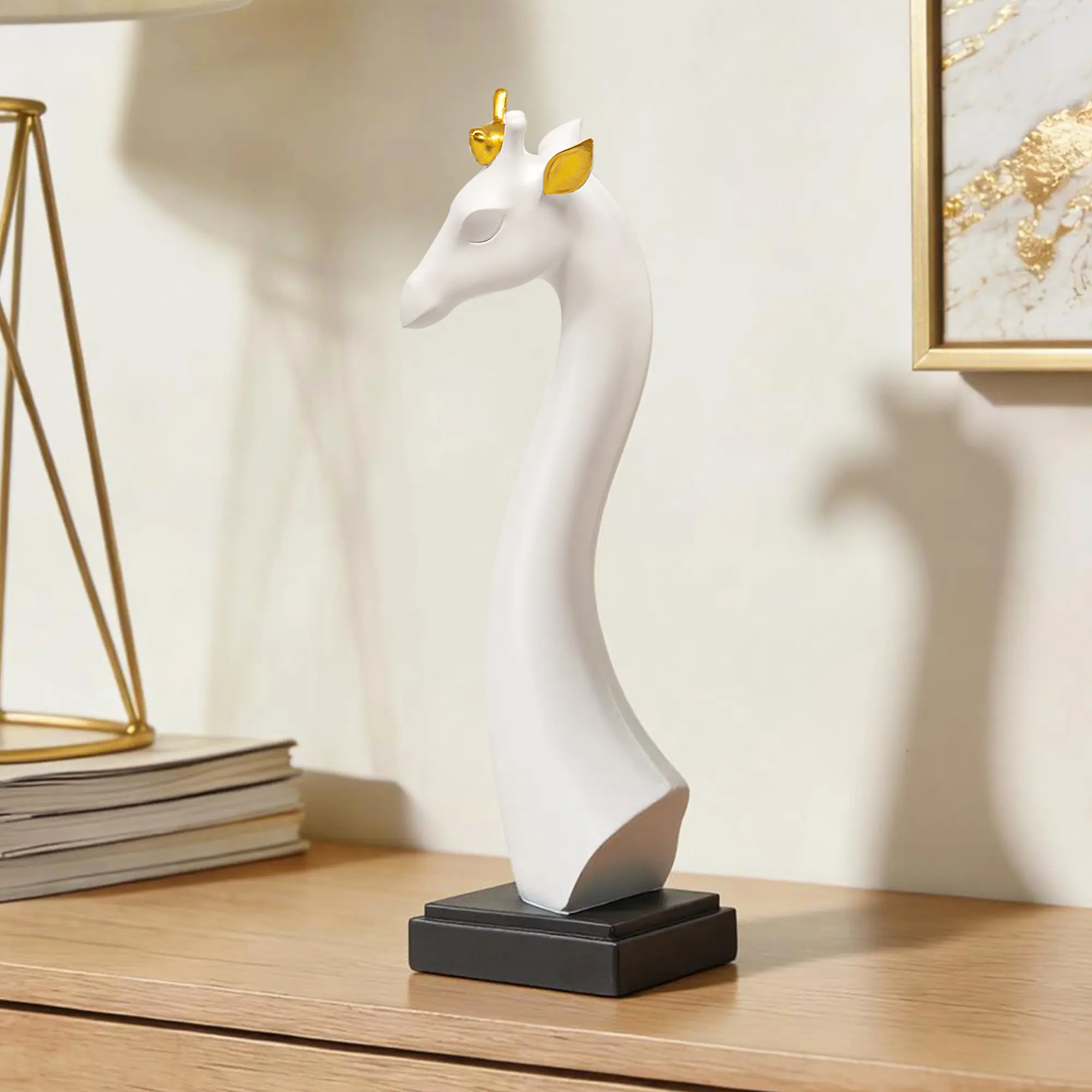 Resin Minimalist White Elegant Giraffe Figurine with Gold Accents, Chic Tabletop Home Decor Ornaments