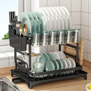 Dish Drying Rack, Multifunctional Dish Rack, Rustproof Kitchen Dish Drying Rack with Drainboard, Space-Saving 2-Tier Dish Drying Rack with Utensil Holder & Cup Holder for Kitchen Counter,Black Organiser Set
