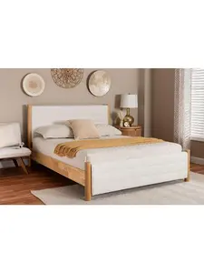 212 MAIN Eilert Modern Queen Size Tufted Upholstered Platform Bed - Cream Boucle Fabric, Rubberwood Oak Brown Frame, 24.40 in. Height, Channel Tufted Headboard, Round Posts, Tufted Upholstered Bed