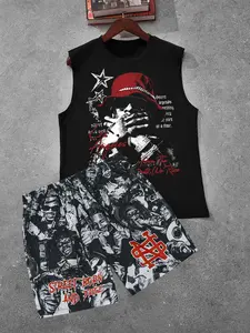 Two-Piece Set Men's Letter Print Tank Top & Star Print Shorts Set, Regular Fit Casual Sleeveless Top & Drawstring Waist Shorts, Summer Clothes Set for Men