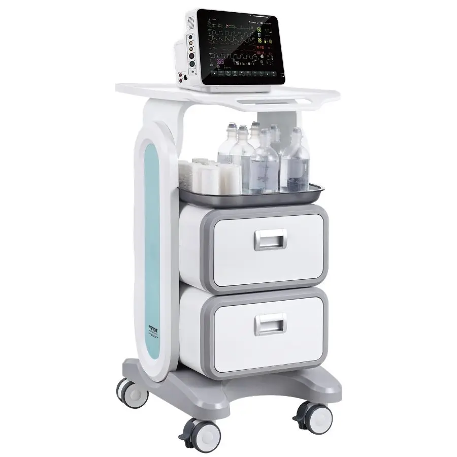 VEVOR 3 Tiers Lab Carts, Lab Utility Cart with 2 Drawers 1 Top Tray, Mobile Medical Cart with ABS Material, Lab Rolling Cart with 4 Silent Wheels for Lab, Clinic, Hospital, Salon, White