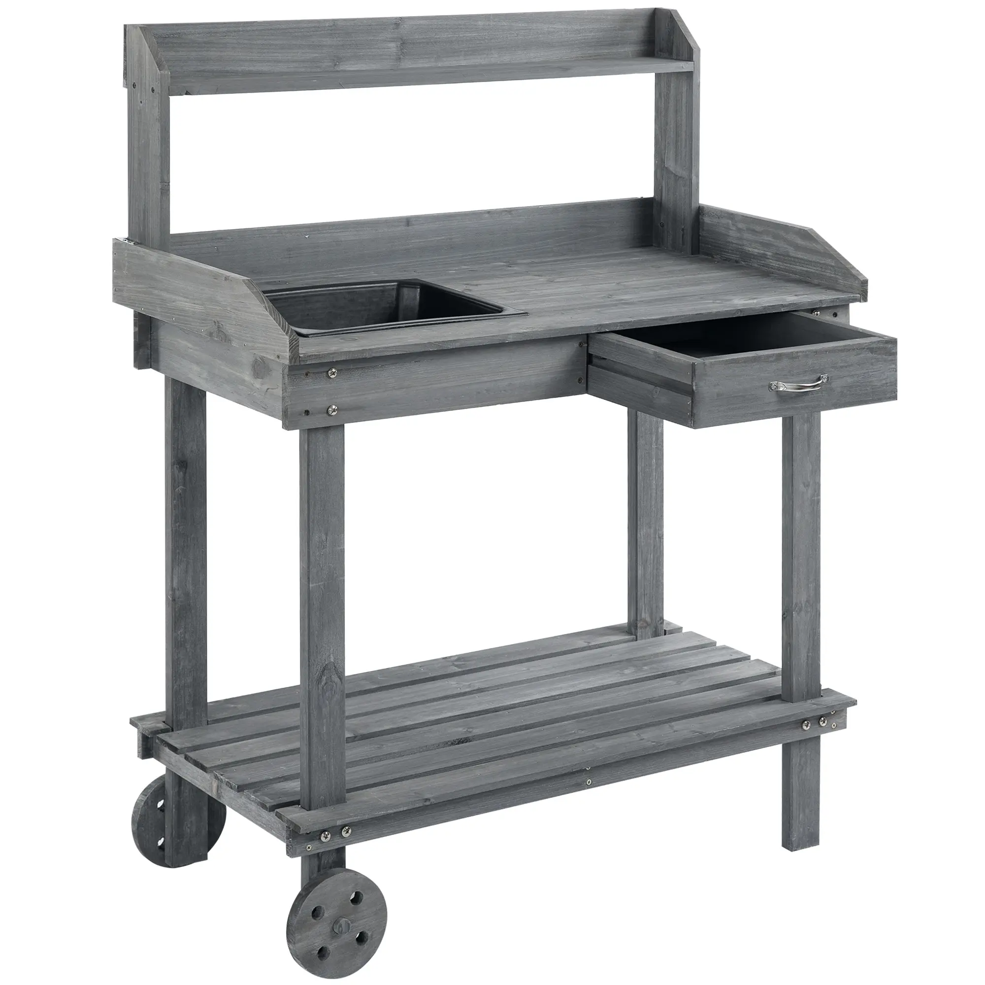 Outsunny 36.25" L x 17.75" W x 46.75" H Durable Solid Wood Potting Bench Work Table - Functional Drawer, Removable Sink, 2 Removable Wheels, Large Storage Spaces (Gray)