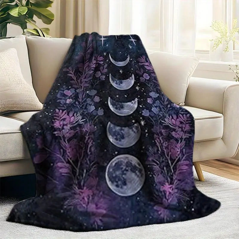 Celestial Dark Moon Print Flannel Blanket - 280GSM Lightweight Soft, Fade Resistant, Gothic Glam Witch Style Celestial-Themed Blankets, Women's Adult Gift, Suitable For Sofa, Bedroom Decoration