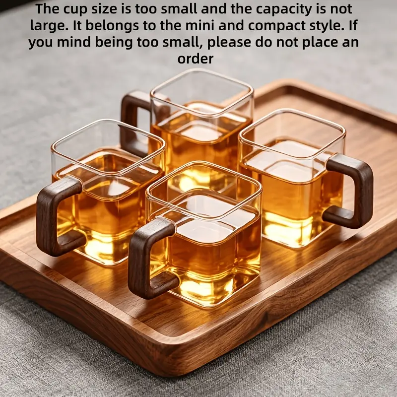 4-Pcs Plain Traditional Ancient Style Glass Kung Fu Tea Cups with Square Handles - Japanese Portable Household Ware for Traditional Tea Ceremonies