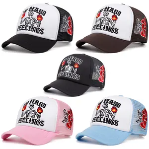 Skull With Flames Letter Embroidery Men's & Women's Trucker Hat Fashionable Hip Hop Patchwork Mesh Breathable Baseball Cap Adjustable 55-64CM Acrylic Material