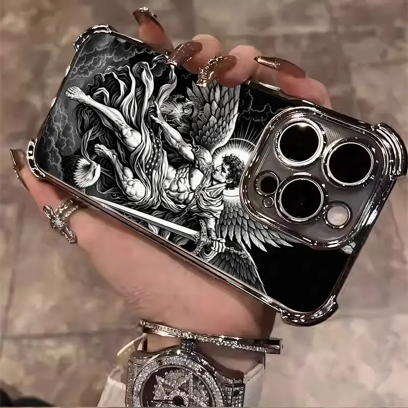 Black Base Saint Michael Angel pattern Gothic retro sketch design Suitable for Aesthetic Electroplated TPU Casing For iphone 17 16 15 14 13 12 11 PRO PLUS MAX AIR Samsung S26 Four Corners Anti-Fall Transparent Casual Soft Silicone Phone Cases  L1962