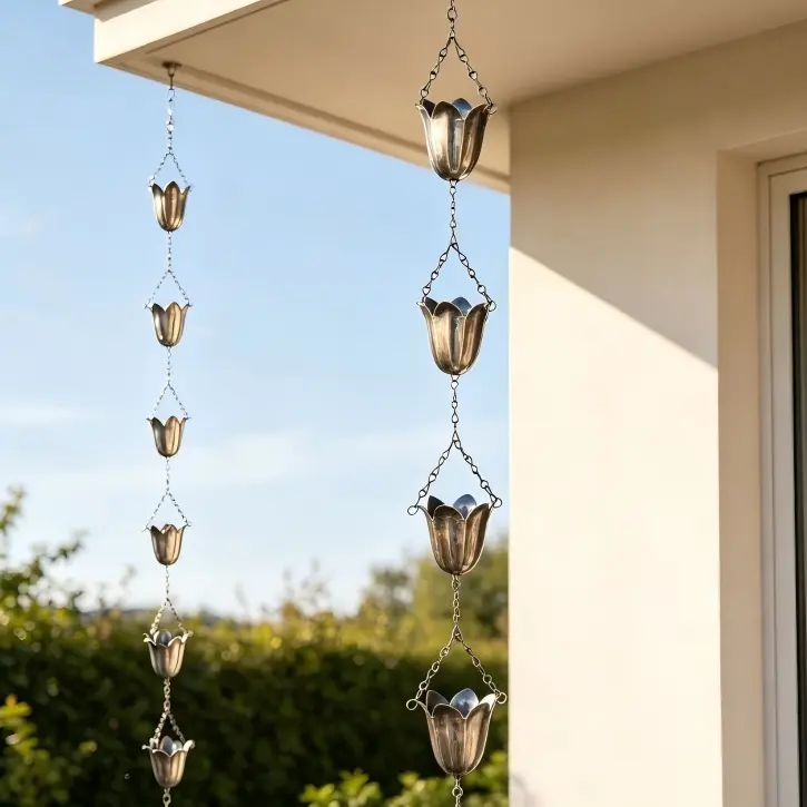 Metal Tulip & Cherry Blossom Rain Chain, Decorative Rainwater Drain Chain for Gutters, Outdoor Garden Water Feature, Yard, Patio, Porch & Cottage House Decor