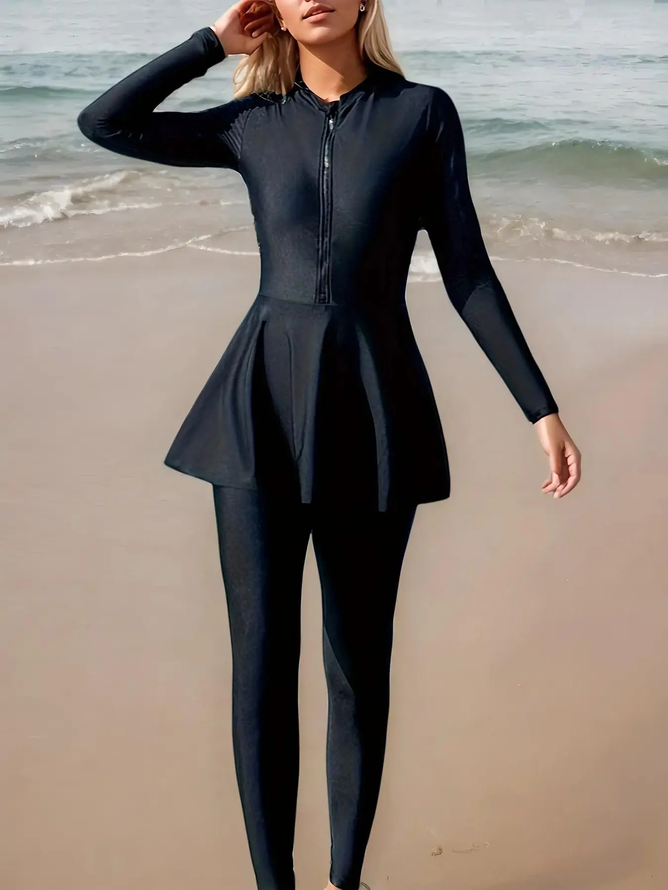 Women's Solid Zip Up Tankini Set, Modest Casual Outdoor Swimwear Set for Beach Holiday Vacation Swimming, Ladies Swimsuit for All Seasons Outfits