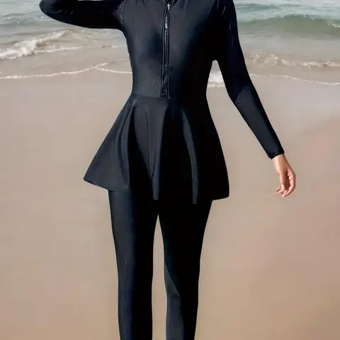 Women's Solid Zip Up Tankini Set, Modest Casual Outdoor Swimwear Set for Beach Holiday Vacation Swimming, Ladies Swimsuit for All Seasons Outfits
