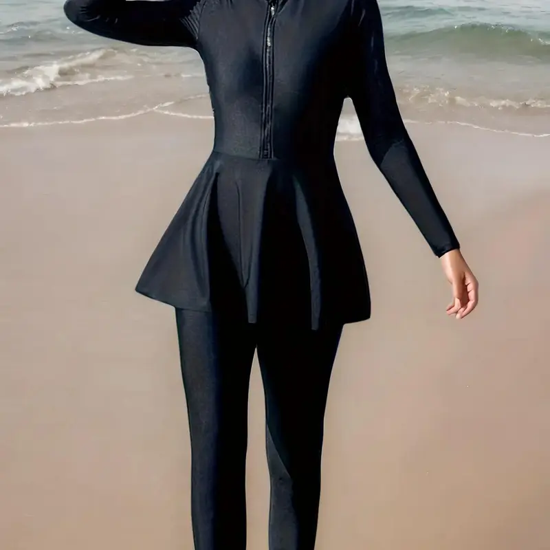 Women's Solid Zip Up Tankini Set, Modest Casual Outdoor Swimwear Set for Beach Holiday Vacation Swimming, Ladies Swimsuit for All Seasons Outfits