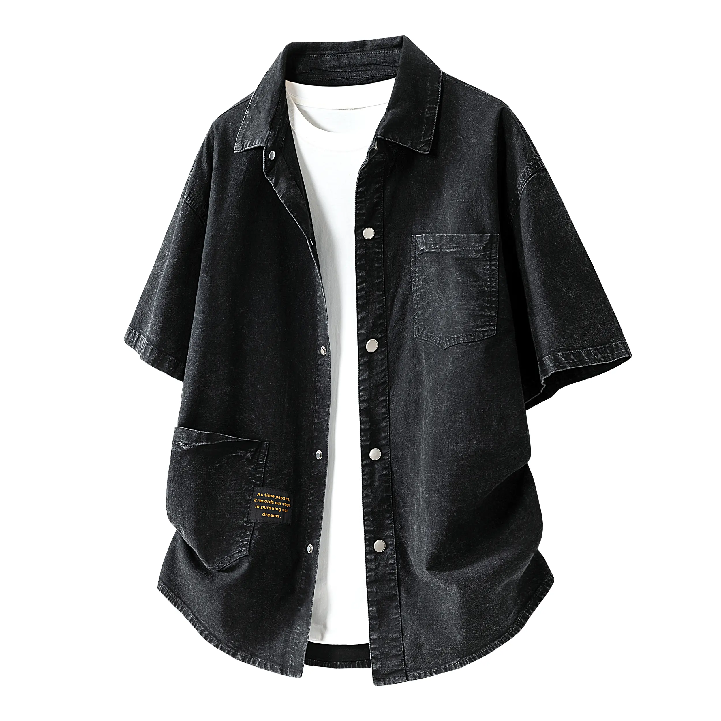 Men's Vintage 90s Oversized Baggy 2-Piece Denim Set - Menswear Stylish Short-Sleeve Collared Shirt & Plain Rolled Jean Shorts, Casual Streetwear Workwear Summer Outfits