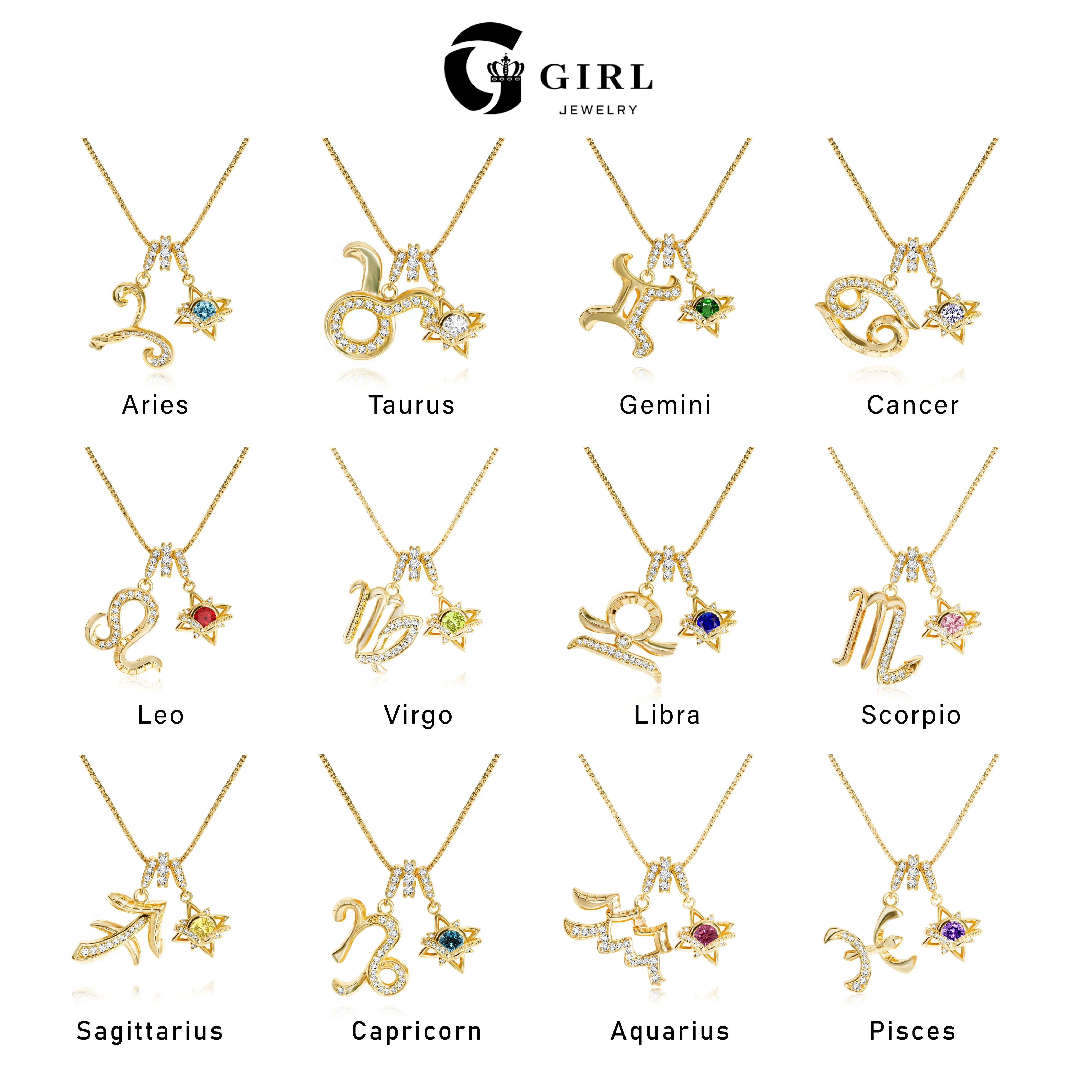 GGIRL 18K Gold Plated Cubic Zirconia Colorful Dopamine Four-Pointed Star Twelve Constellation Pendant Necklace for Men Women, Unique Design Fashion Jewelry Gifts for Daily Summer Beach Parties Summerwins Holiday Birthdays Anniversaries Occasions