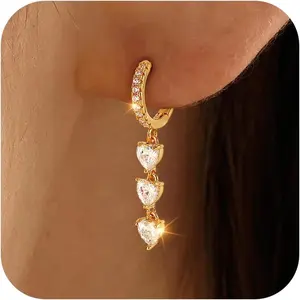 Valentines Day Earrings for Women Dangle Earrings - 14K Gold Plated Heart Dangle Earring Set Dainty Simple Long Dangling Jewelry Drop Hoop Earring for Women Jewelry Gifts