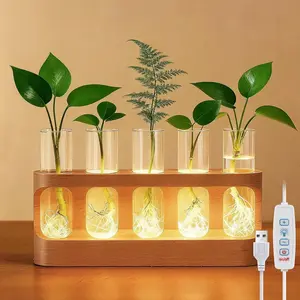 Propagation Station with 9-Level Dimmable LED Light, 5 Glass Test Tube Vases, Wooden Stand for Hydroponic , Gardening  for Women &  Lovers, Desktop Terrarium &  Decor