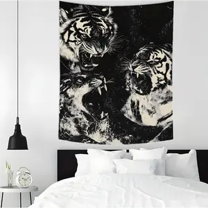 Black White Roaring Tiger Tapestry - Cool Dark Aesthetic Wall Hanging For Bedroom, Wild Animal Print Wall Decor For Gaming Room Setup
