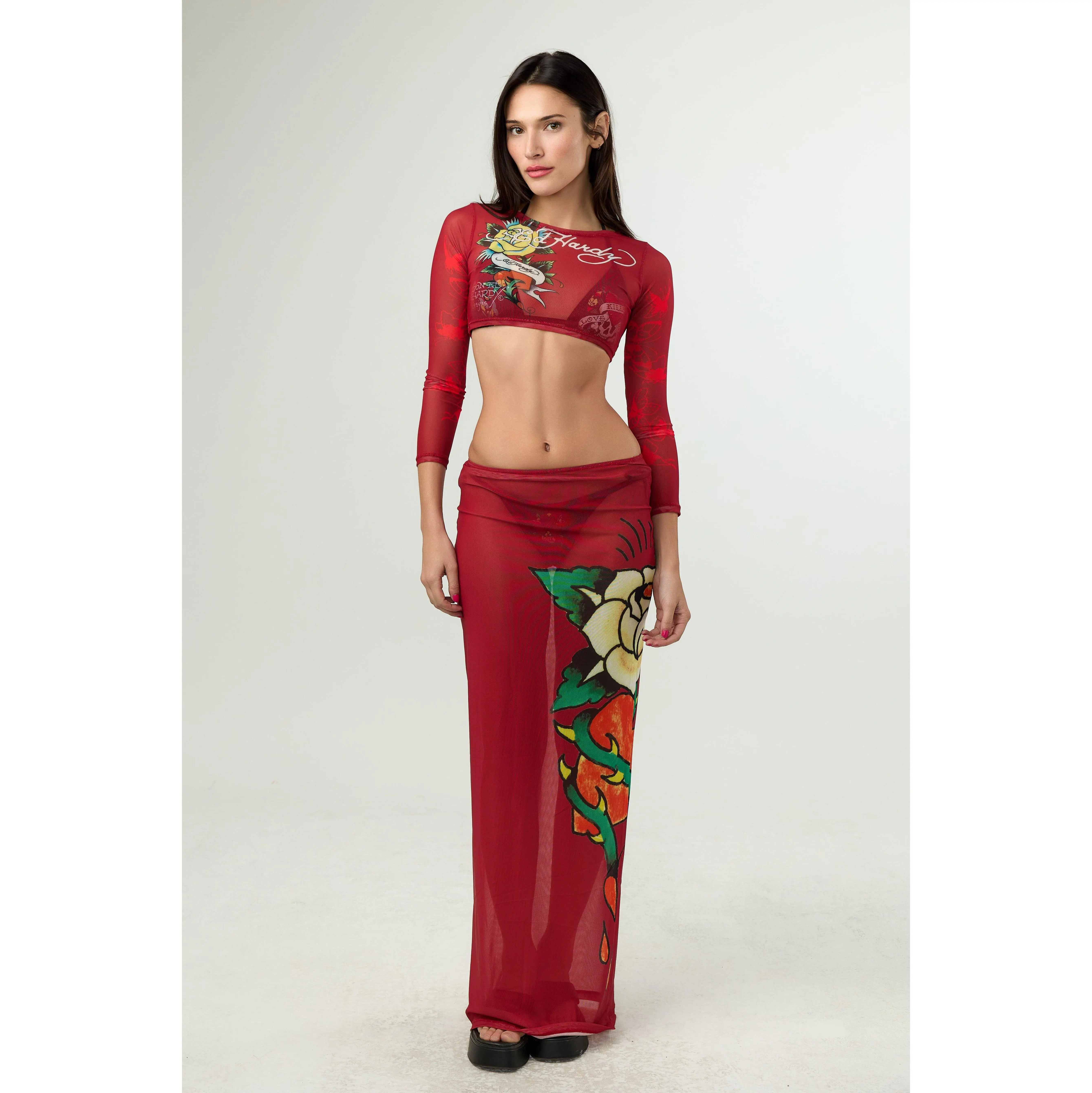 Ed Hardy Women's Gothic 2-Piece Crop Top & Mesh Maxi Skirt Set, Lightweight Butterfly Sheer Beach Cover-Up Outfit