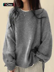 Women's Drop Shoulder Split Hem Sweater, Casual Long Sleeve Round Neck Jumper, Women's Knitwear Top for Fall & Winter, Sweaters for Women