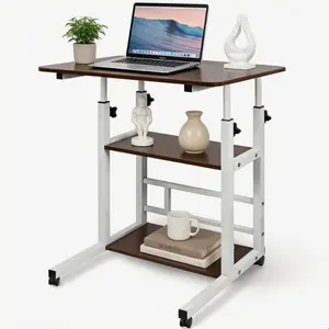 Portable Rolling Desk on Wheels Adjustable Height Desks for Small Spaces, 32" Computer Desk Drafting Tables with Storage Shelves for Home Office Rustic