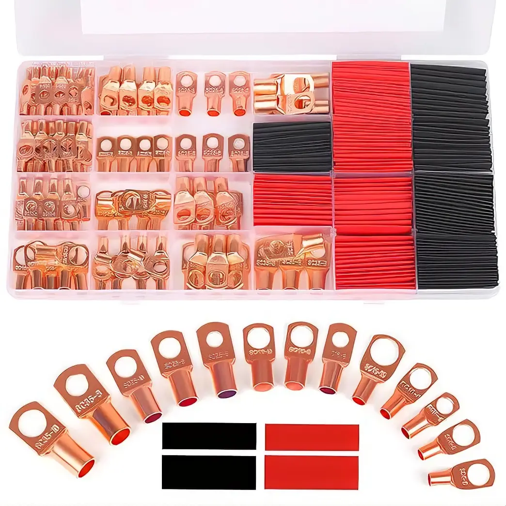 260-Pcs Copper Wire Lugs & Heat Shrink Tubing Kit – AWG 2 to 12 Battery Cable Terminal Connectors, Heavy Duty Ring Terminals for Automotive & Wiring