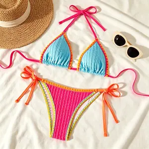 2026 New Fashion Color Block Two Piece Bikini Set for Women, Neon Pink Blue Tie Dye String Bikini with Contrast Trim, Self Tie Side Triangle Swimwear for Beach Vacation