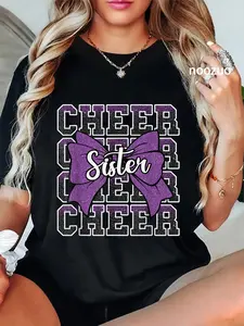 100% Cotton Unisex Cheer Sister Bow Sport Cheerleader Cheerleading Purple T-Shirt