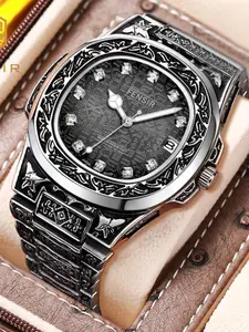 Men's Vintage Carved Watch, Business Casual Silver Color Quartz Watch, Waterproof Luminous Calendar Design, Gift Box Included